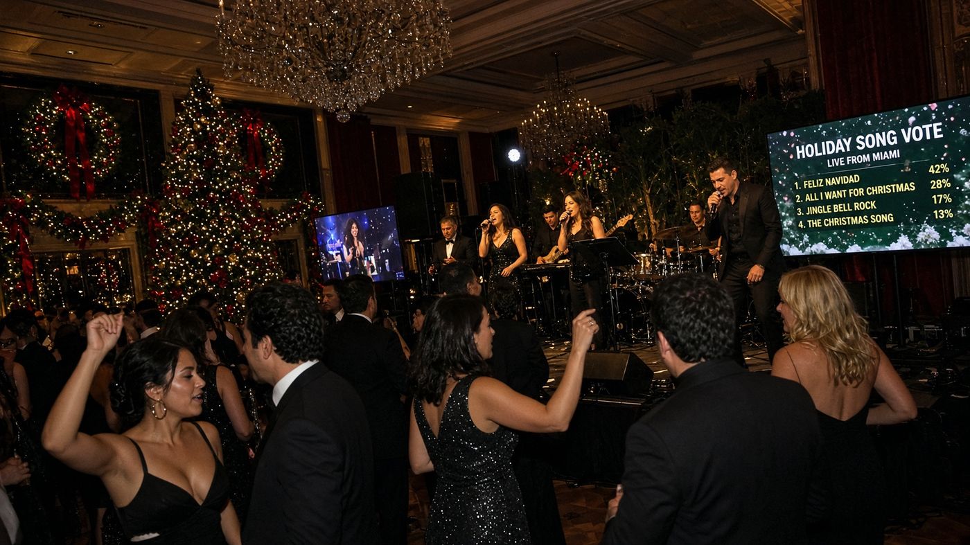 Guests at a corporate holiday gala with the band on stage